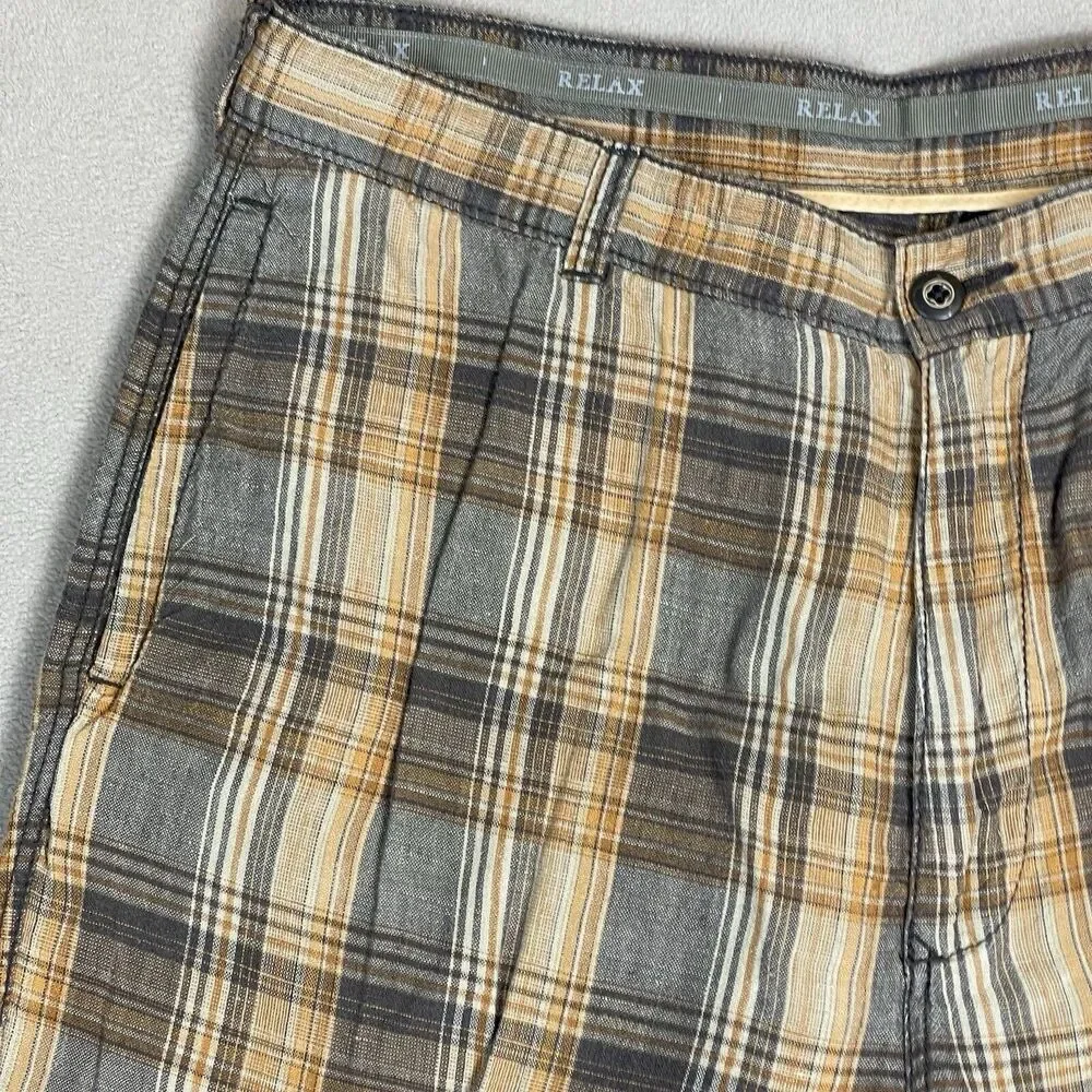 Tommy Bahama Relax Short Mens 35‎ Brown Plaid Linen Chino Preppy Adult